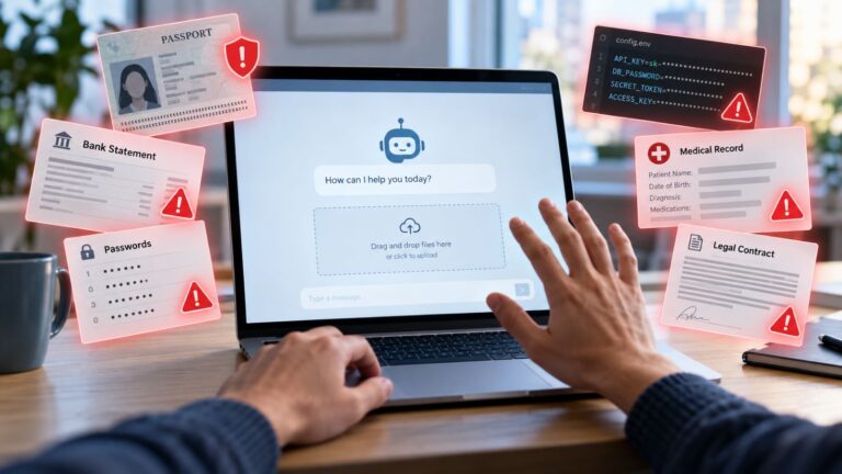 Sensitive files near an AI chatbot upload screen