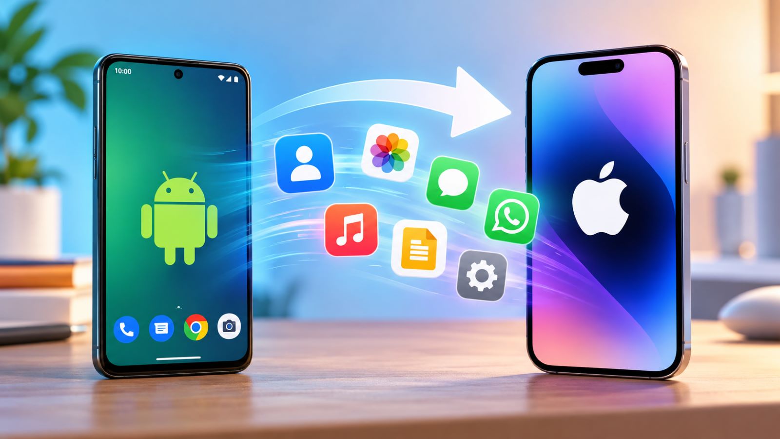 Android to iPhone data transfer after setup with contacts, photos, messages, WhatsApp, files, and apps
