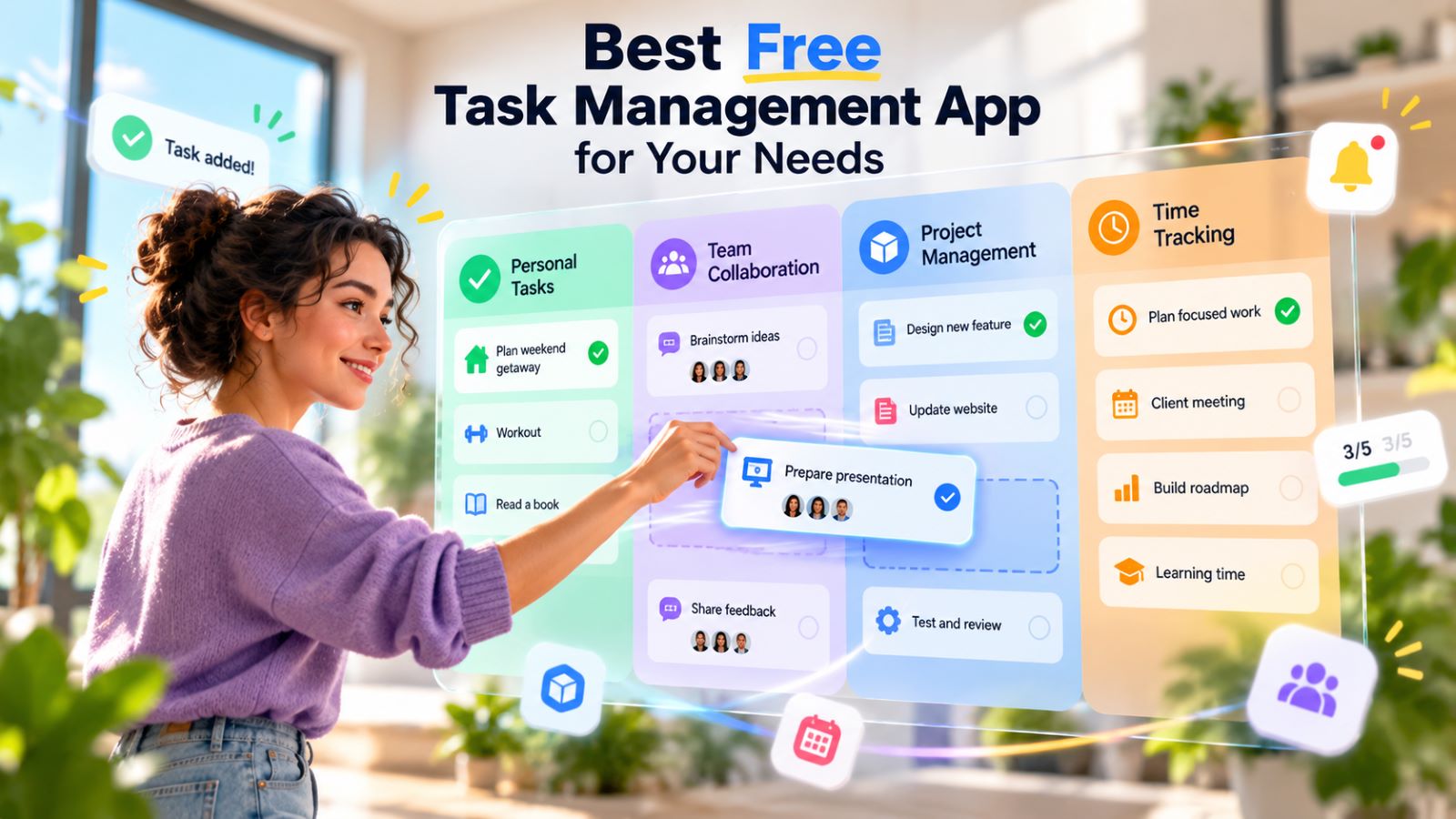 Free task management app with personal tasks, team collaboration, project stages, and time tracking