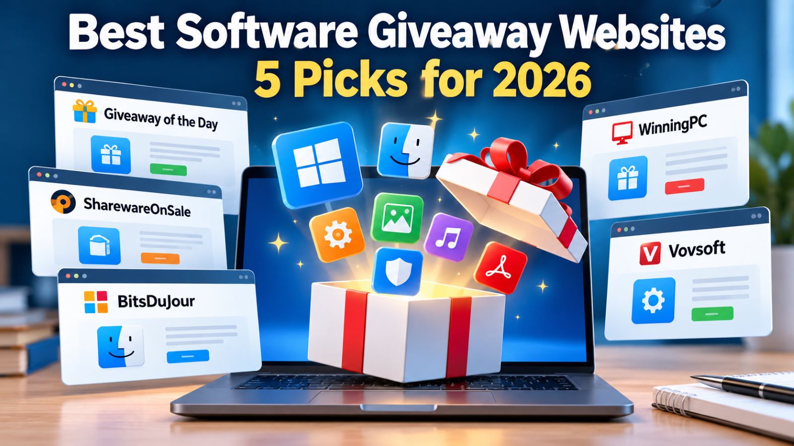 Best software giveaway websites in 2026 featuring Giveaway of the Day, SharewareOnSale, BitsDuJour, WinningPC, and Vovsoft
