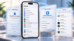 iPhone password settings for changing the passcode, Apple Account password, and saved app logins