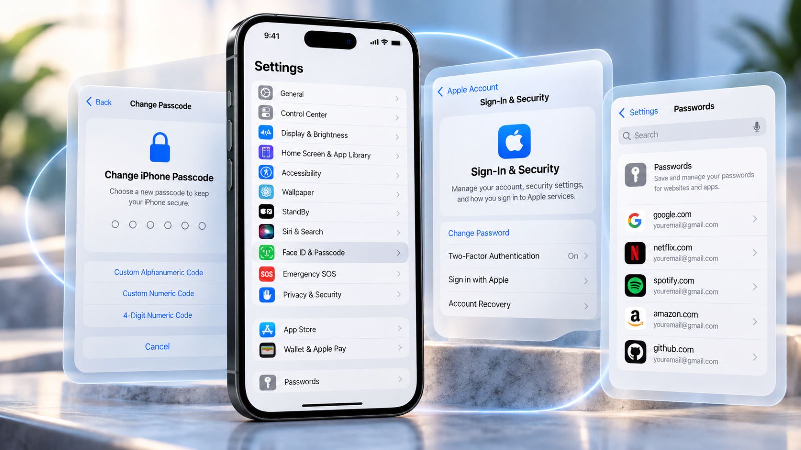 iPhone password settings for changing the passcode, Apple Account password, and saved app logins