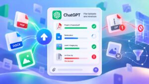 ChatGPT file upload not working with PDF, DOCX, and image attachments showing successful, stalled, and failed uploads.
