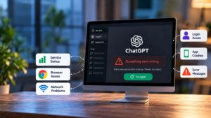 ChatGPT error screen with troubleshooting options for browser, network, login, and app problems