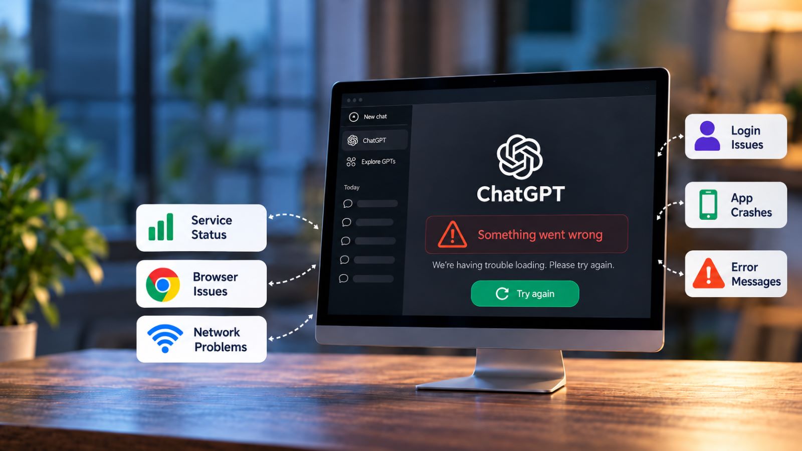 ChatGPT error screen with troubleshooting options for browser, network, login, and app problems