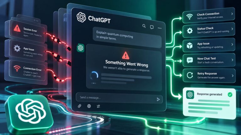 ChatGPT Something Went Wrong error with connection, session, and app issues alongside troubleshooting steps and a successful response.