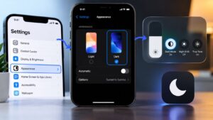 iPhone Dark Mode settings with Appearance, automatic schedule, and Control Center controls