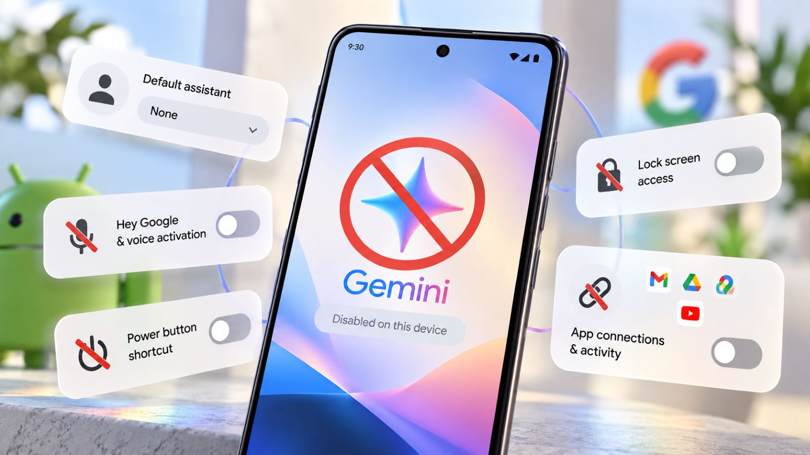 Android phone showing Google Gemini disabled with voice activation, lock screen, and assistant settings turned off