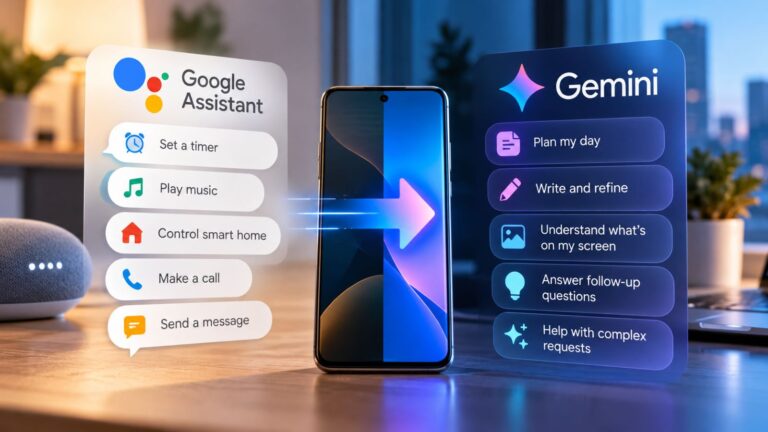 Google Assistant vs Gemini on Android showing the transition from voice commands and smart home controls to advanced AI features