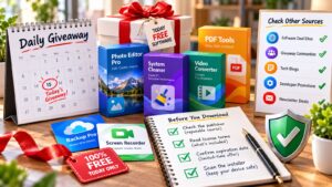 Daily software giveaway offers with license checks, source verification, and download safety reminders