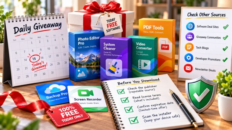 Daily software giveaway offers with license checks, source verification, and download safety reminders