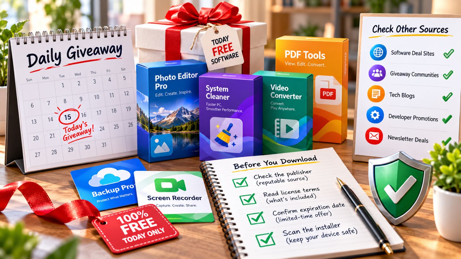 Daily software giveaway offers with license checks, source verification, and download safety reminders