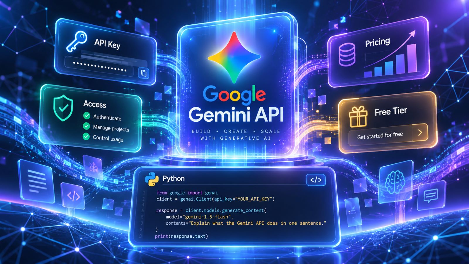 Google Gemini API key setup, access options, pricing and free tier overview with a Python request example.