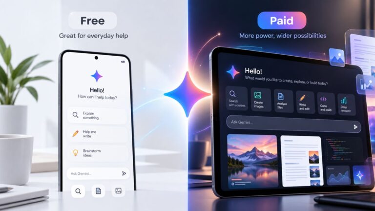 Google Gemini free and paid plans compared for everyday use, files, advanced tools, and higher limits