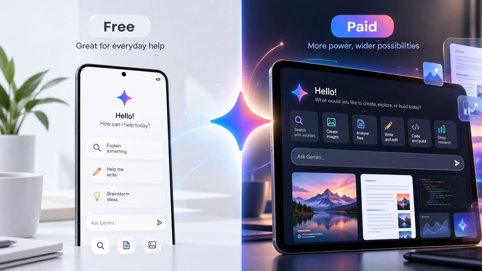 Google Gemini free and paid plans compared for everyday use, files, advanced tools, and higher limits
