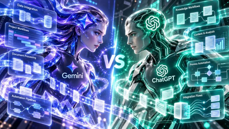 Google Gemini and ChatGPT compared as AI assistants for integrations, workflows, automation, and document tasks