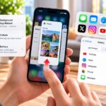 iPhone App Switcher with Background App Refresh, Cellular, and Battery controls for managing apps and background activity