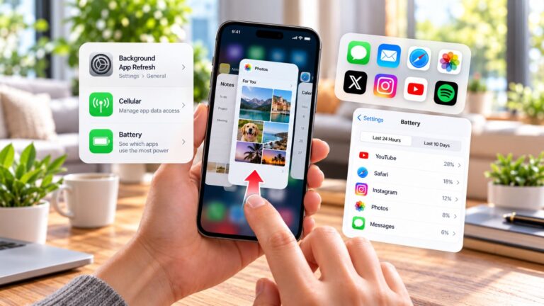 iPhone App Switcher with Background App Refresh, Cellular, and Battery controls for managing apps and background activity