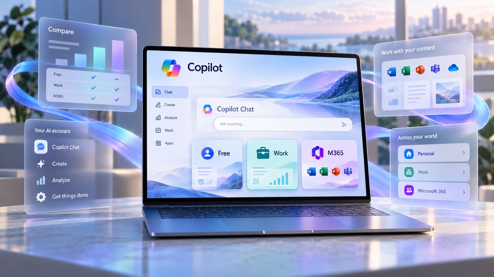 Microsoft Copilot on a laptop showing personal, work, and Microsoft 365 options