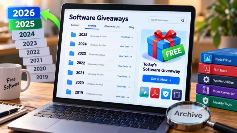 Software giveaway archive with 2025 records and a 2026 update on a laptop screen