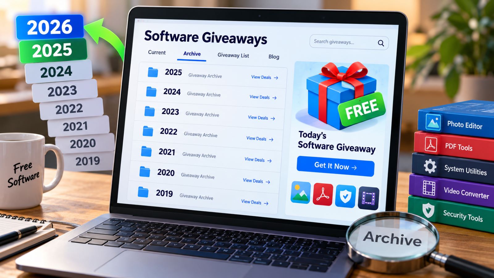 Software giveaway archive with 2025 records and a 2026 update on a laptop screen