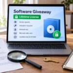 Software giveaway lifetime license terms shown on a laptop with activation, reinstall, and update limits