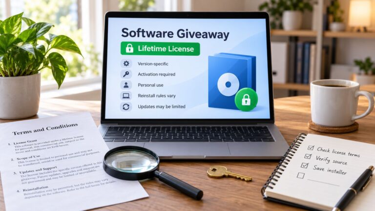 Software giveaway lifetime license terms shown on a laptop with activation, reinstall, and update limits