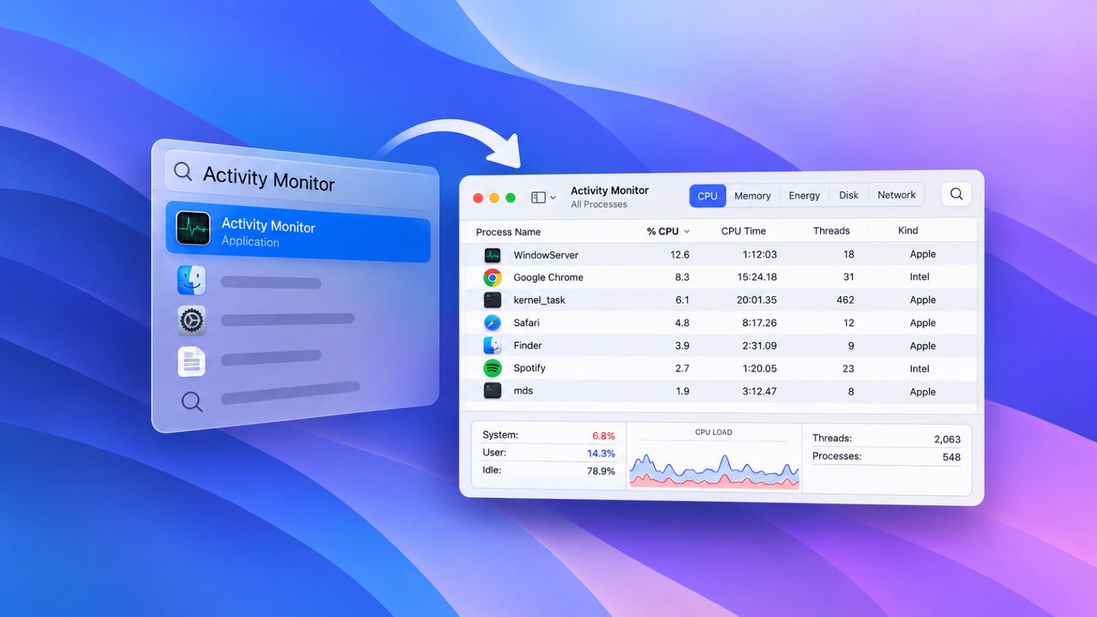 Activity Monitor on Mac showing CPU, memory, energy, disk, and network processes