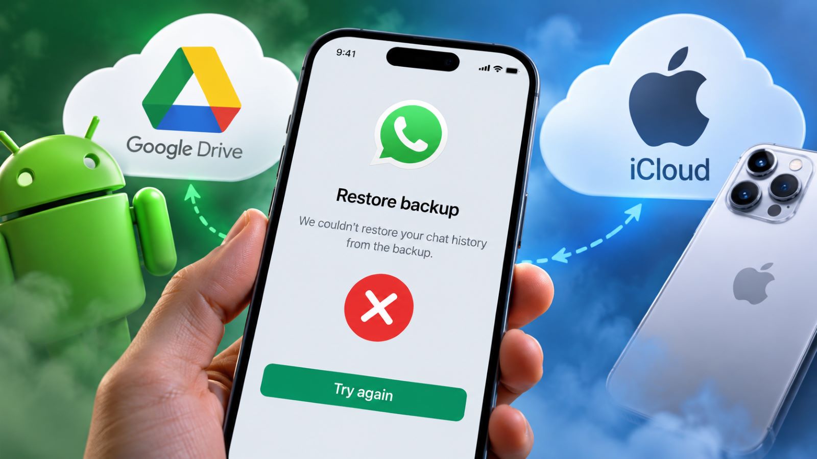 WhatsApp backup restore error between Google Drive and iCloud on a smartphone